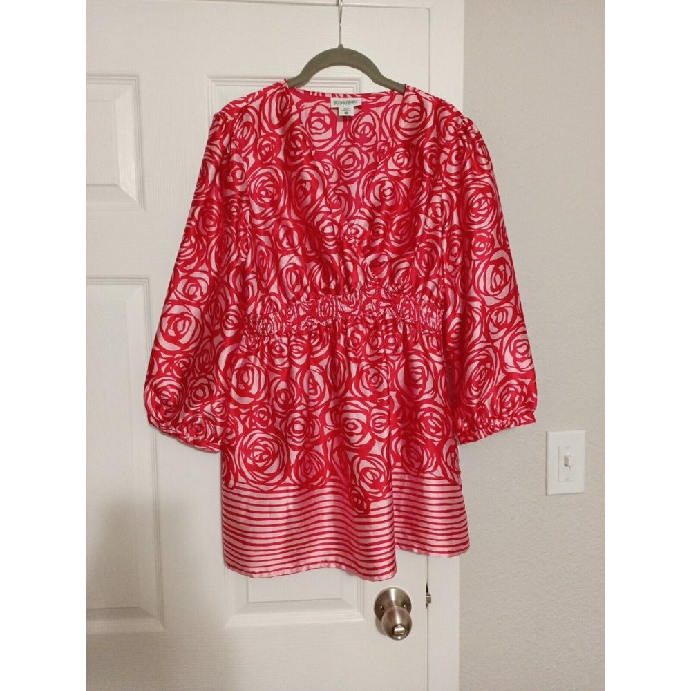Women's Motherhood Maternity Red/Pink Satin Flowy V-neck Floral Blouse Large
